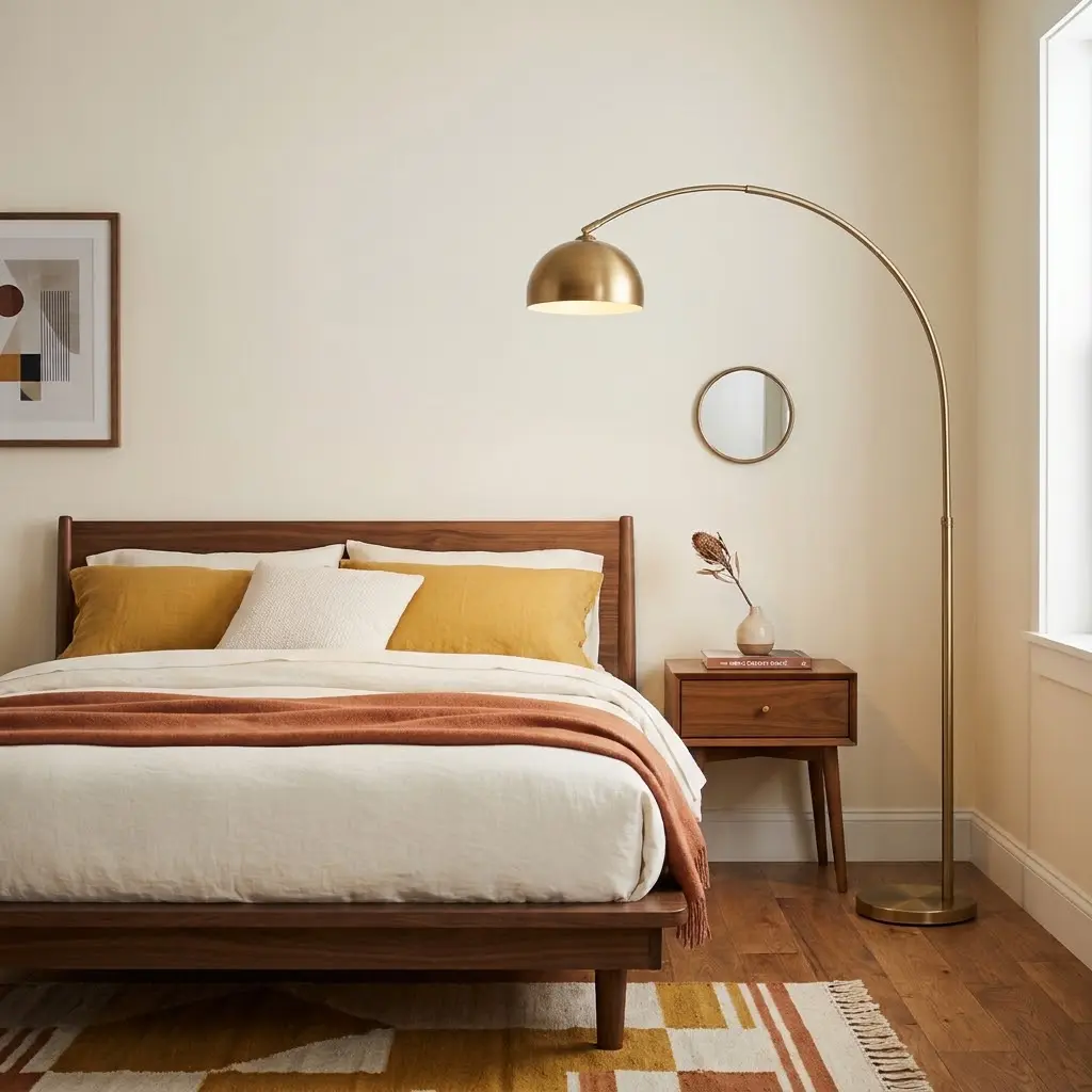 Mid century decorating ideas featuring a sculptural brass arc floor lamp curving over a low walnut bed.