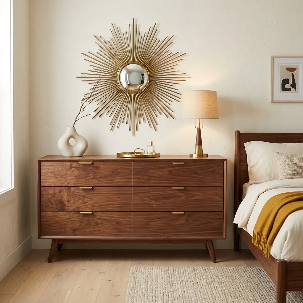 Mid century bedroom with a walnut dresser featuring tapered legs, brass hardware, and a decorative sunburst mirror.