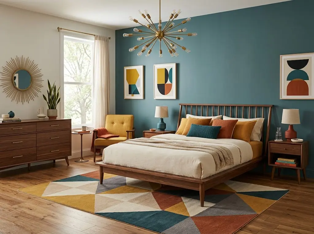 Mid century bedroom ideas featuring a walnut platform bed, mustard and teal accents, geometric rug, brass Sputnik chandelier, and warm wood furniture.