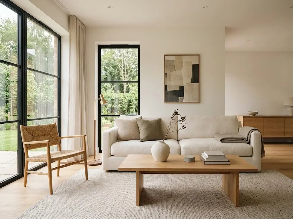 Minimalist interior design in a warm, inviting living room with an ivory sofa, oak furniture, subtle artwork, natural textures, and uncluttered space.