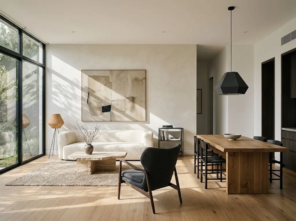 Minimalist interior design principles shown in a balanced living and dining space with functional furniture, natural materials, clean surfaces, and thoughtful negative space.