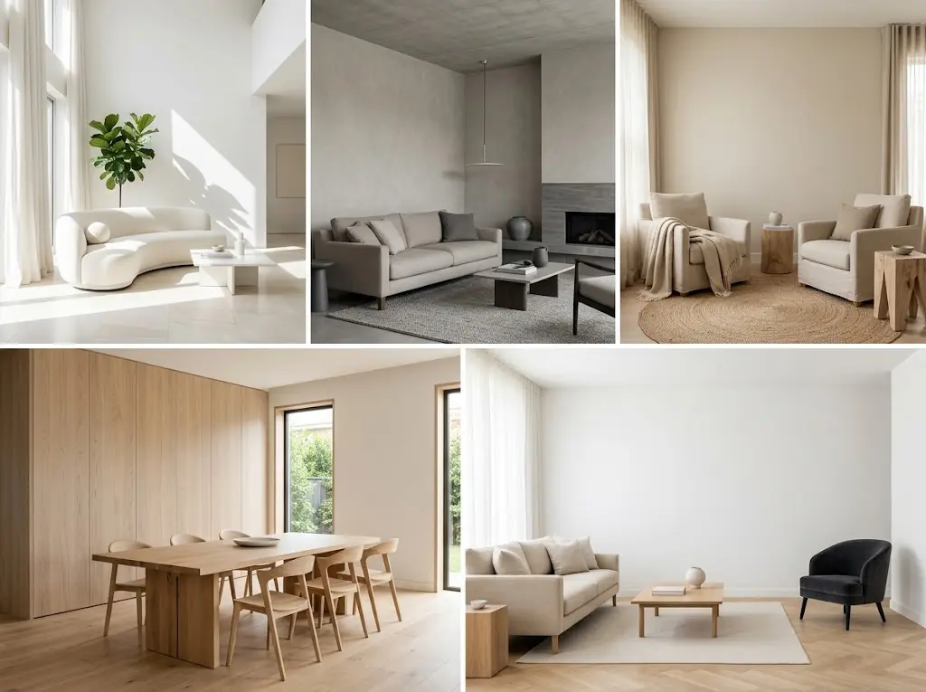 Five minimalist interior design color palettes featuring white and off-white, warm grey, oatmeal and linen, natural wood, and neutral tones with charcoal accents.