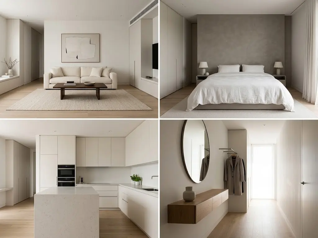 Minimalist interior design ideas for four rooms: a living room with concealed storage, a calm linen bedroom, a streamlined kitchen, and an uncluttered hallway.