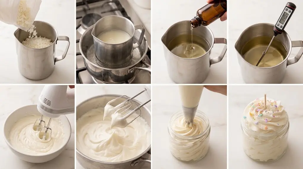Step by step grid showing how to make whipped candles from melting the wax to piping perfect fluffy peaks in eight panels.