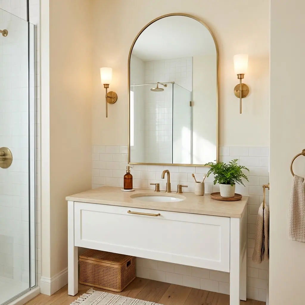 Small bathroom decor ideas on a budget featuring an elegant arched brass mirror above a white vanity.
