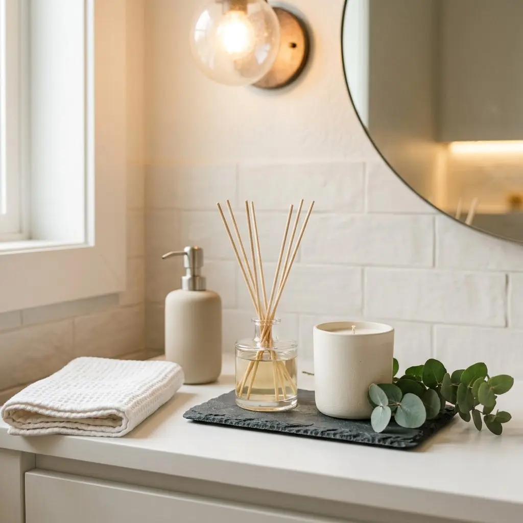 Small bathroom vanity decorated with a glass reed diffuser, ceramic candle, and stone tray.