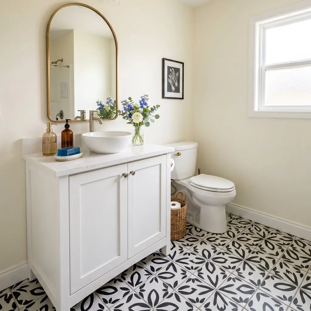 Small bathroom with black-and-white geometric removable tile stickers on the floor.