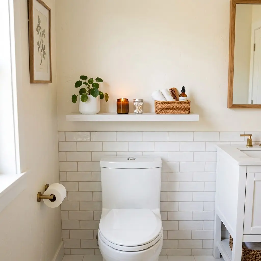 Small bathroom with a floating wooden shelf above the toilet, decorated with a plant, candle, and woven basket.