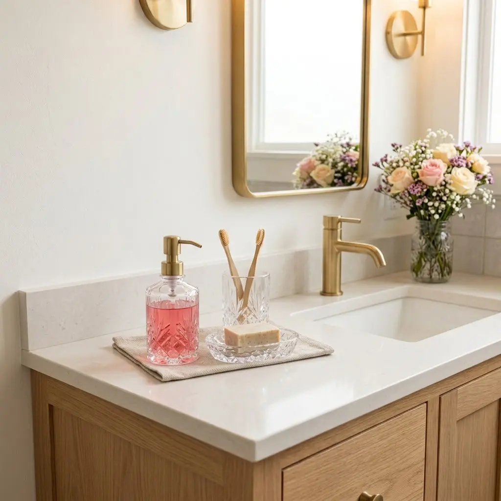 Small bathroom vanity with matching glass soap dispenser, toothbrush holder, and soap dish.