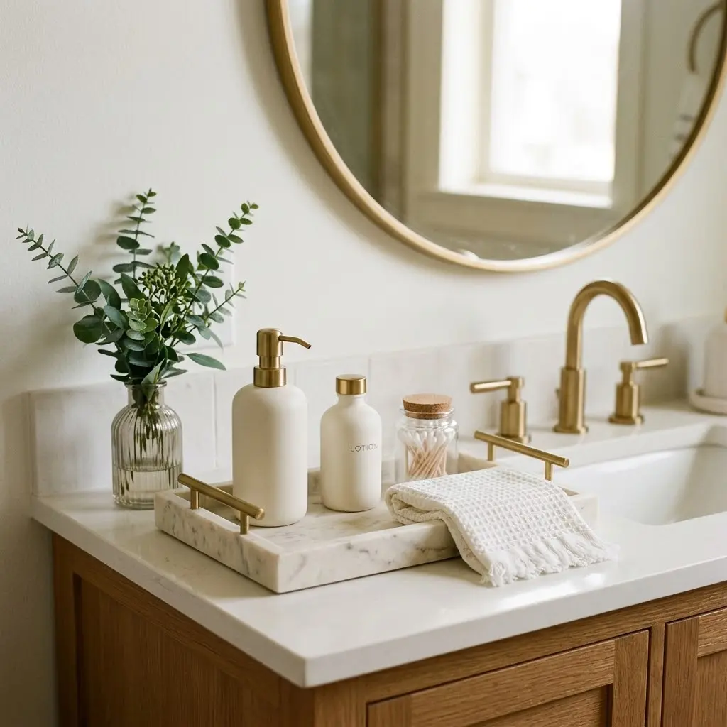 Small bathroom vanity styled with a marble-effect tray, soap dispenser, lotion bottle, and neatly arranged accessories.