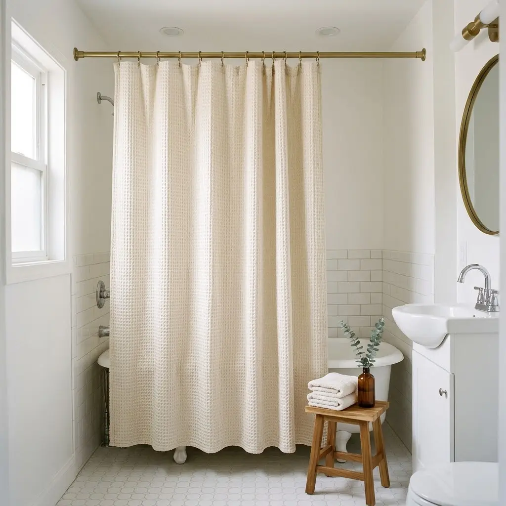 Small bathroom with an ivory waffle-weave shower curtain and a warm brass curtain rod.