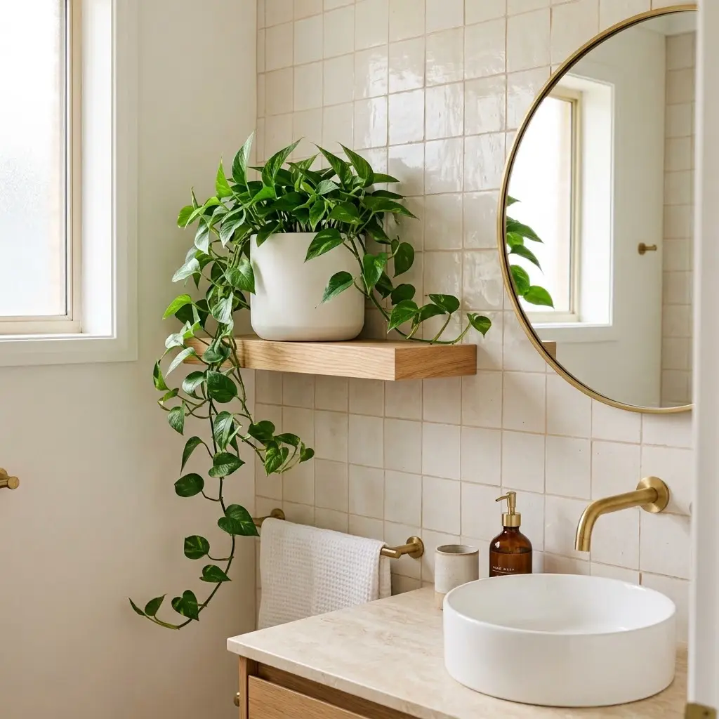 Small bathroom decorated with a trailing pothos plant in a white ceramic planter.