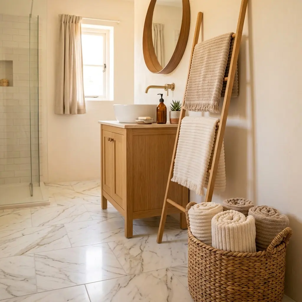 Small bathroom with matching ribbed towels neatly displayed in a woven basket and on a wooden towel ladder.