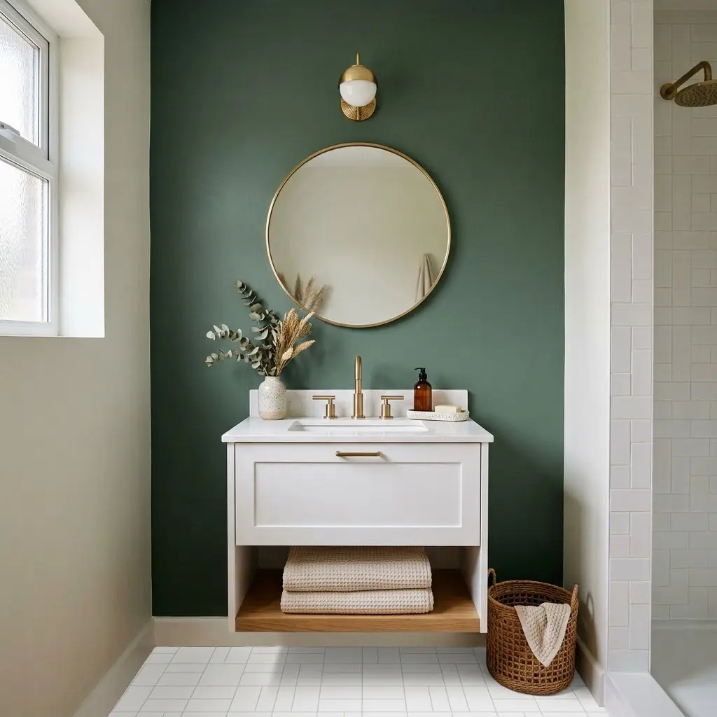 Small bathroom with a deep sage-green accent wall, white vanity, and brass mirror.