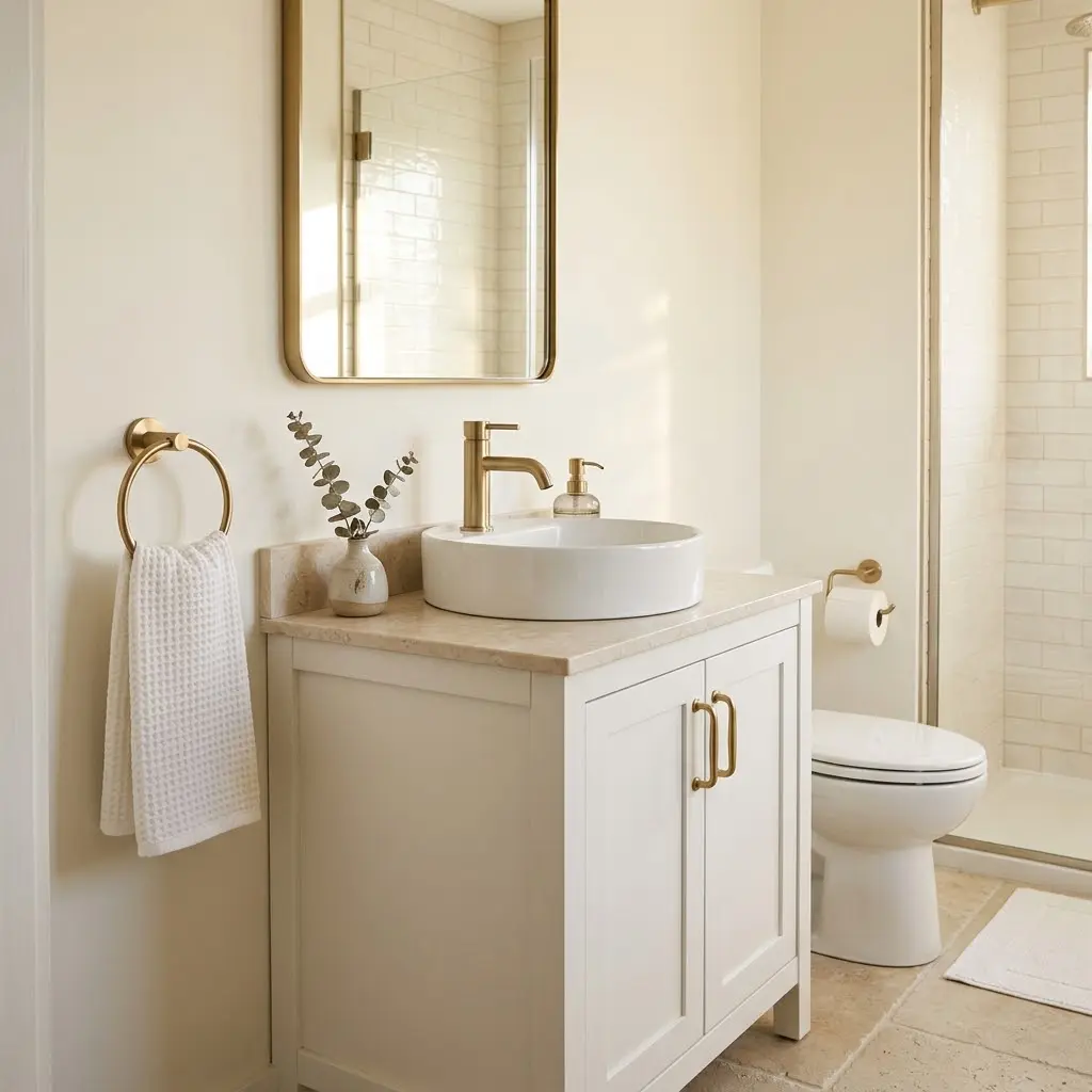 Small bathroom with coordinated brushed-brass faucet, cabinet handles, towel ring, and toilet paper holder.