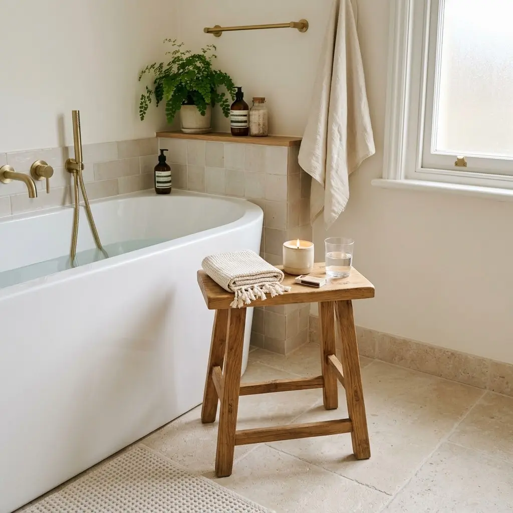 Small bathroom with a natural wooden stool beside the bathtub, styled with a candle and folded towel.