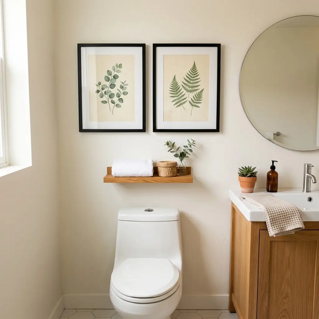 Small bathroom featuring framed botanical prints in black frames above the toilet.