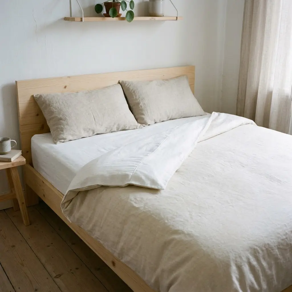 White linen bedding and a soft wool blanket on a simple Scandinavian pine bed.