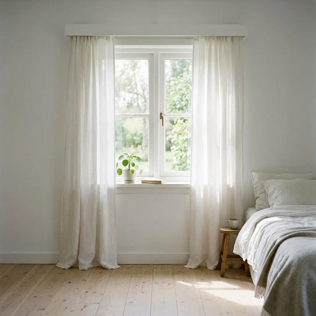 White linen curtains filtering soft morning sunlight into a Scandinavian bedroom.