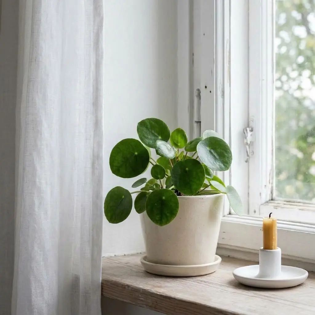 Small leafy green plant in a ceramic pot on a bright Scandinavian bedroom windowsill.