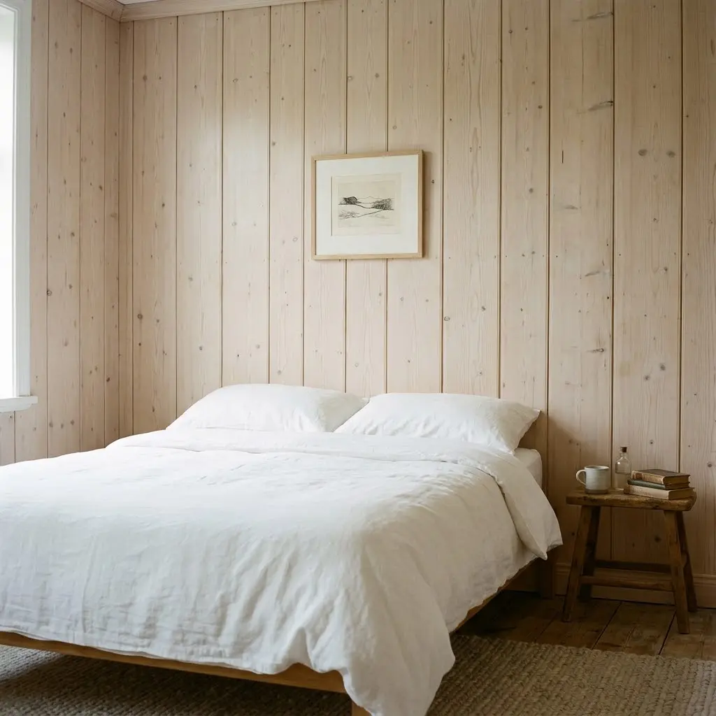 Natural pale pine wall boards behind a simple bed with white linen bedding.