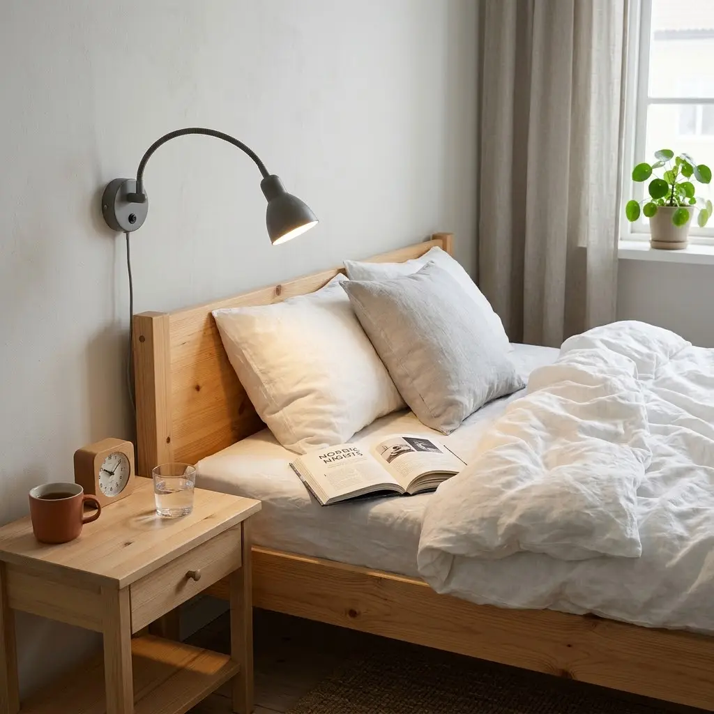 Adjustable wall-mounted reading lamp beside a pine bed with white bedding.