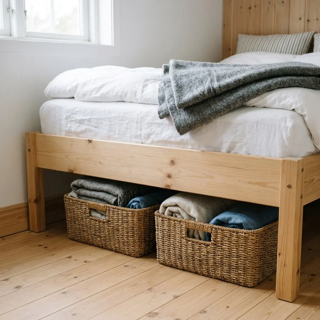 Woven storage baskets tucked beneath a simple Scandinavian pine bed.