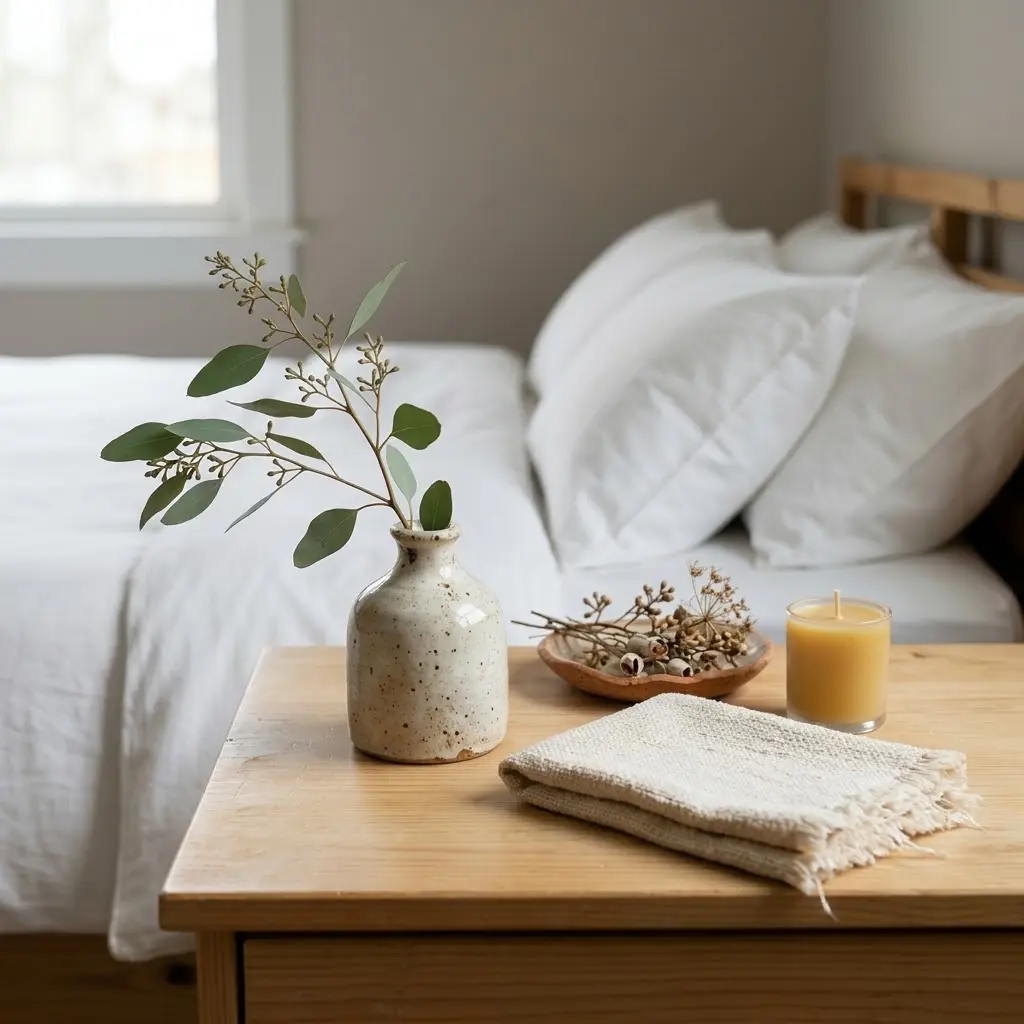 Handmade ceramic vase, leafy branch, and candle on a natural wood bedside table.