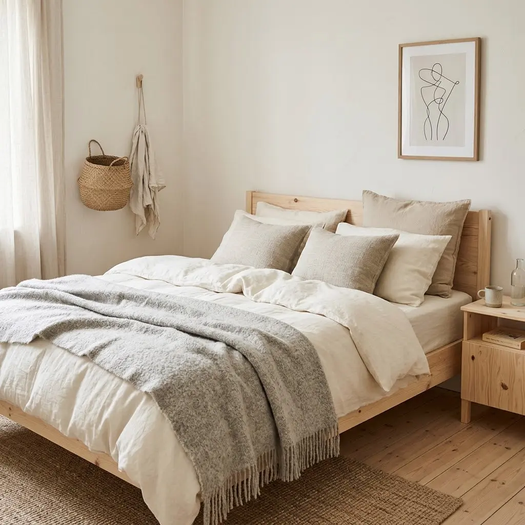 Scandinavian bedroom in warm white, beige, soft grey, and pale natural wood tones.