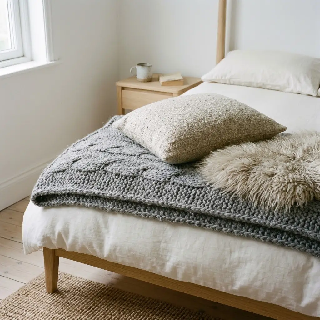 Chunky wool blanket, cotton bedding, and a soft sheepskin throw on a Scandinavian bed.