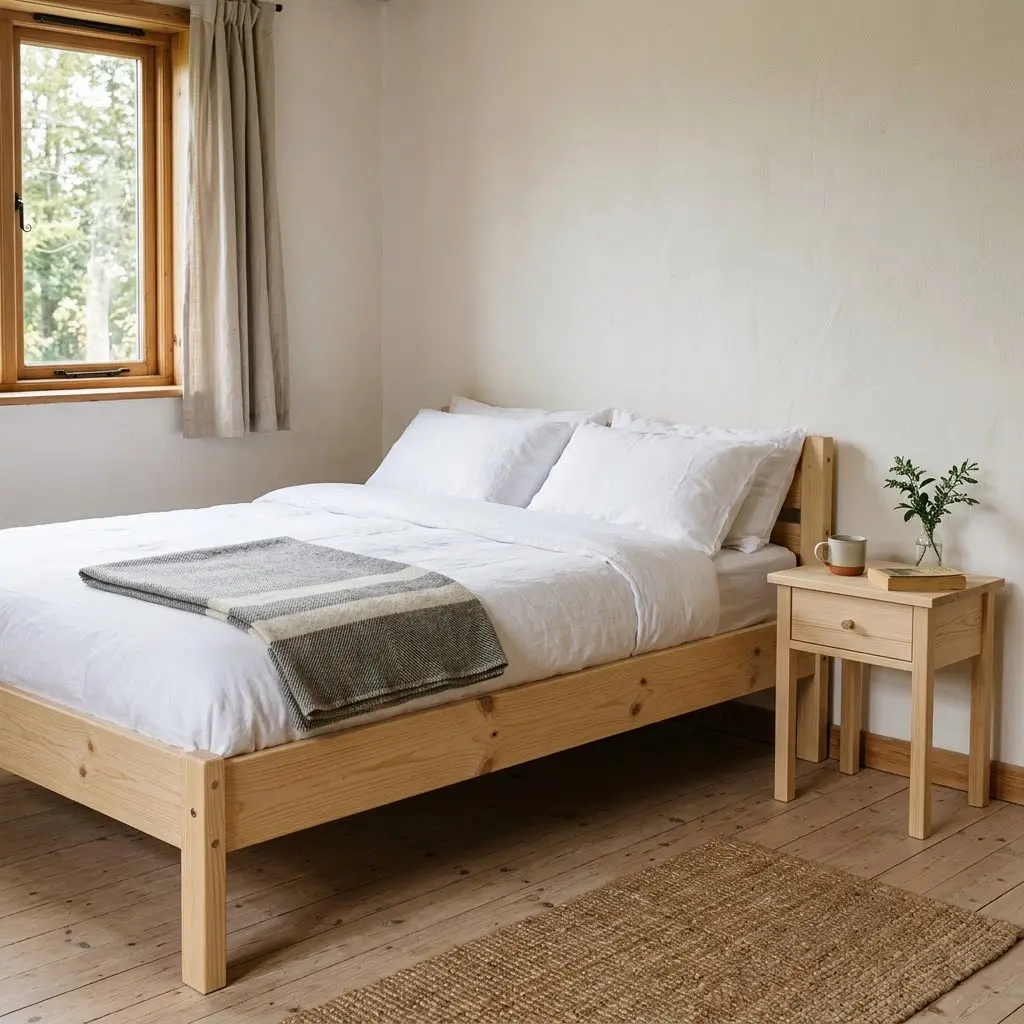 Minimal pine bed frame and matching wooden bedside table in a Scandinavian bedroom.