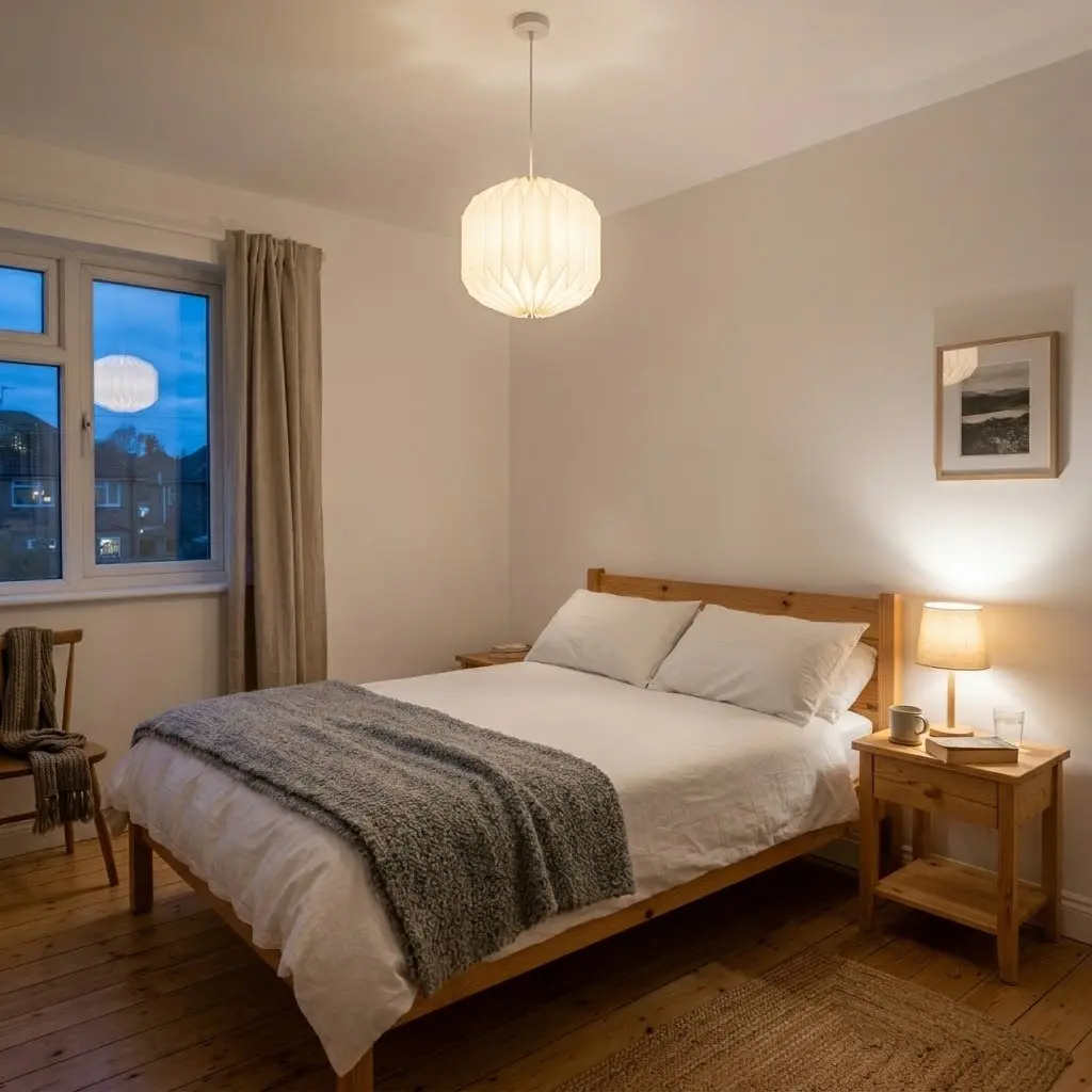 Paper pendant light and a softly glowing bedside lamp in a cozy Nordic bedroom.