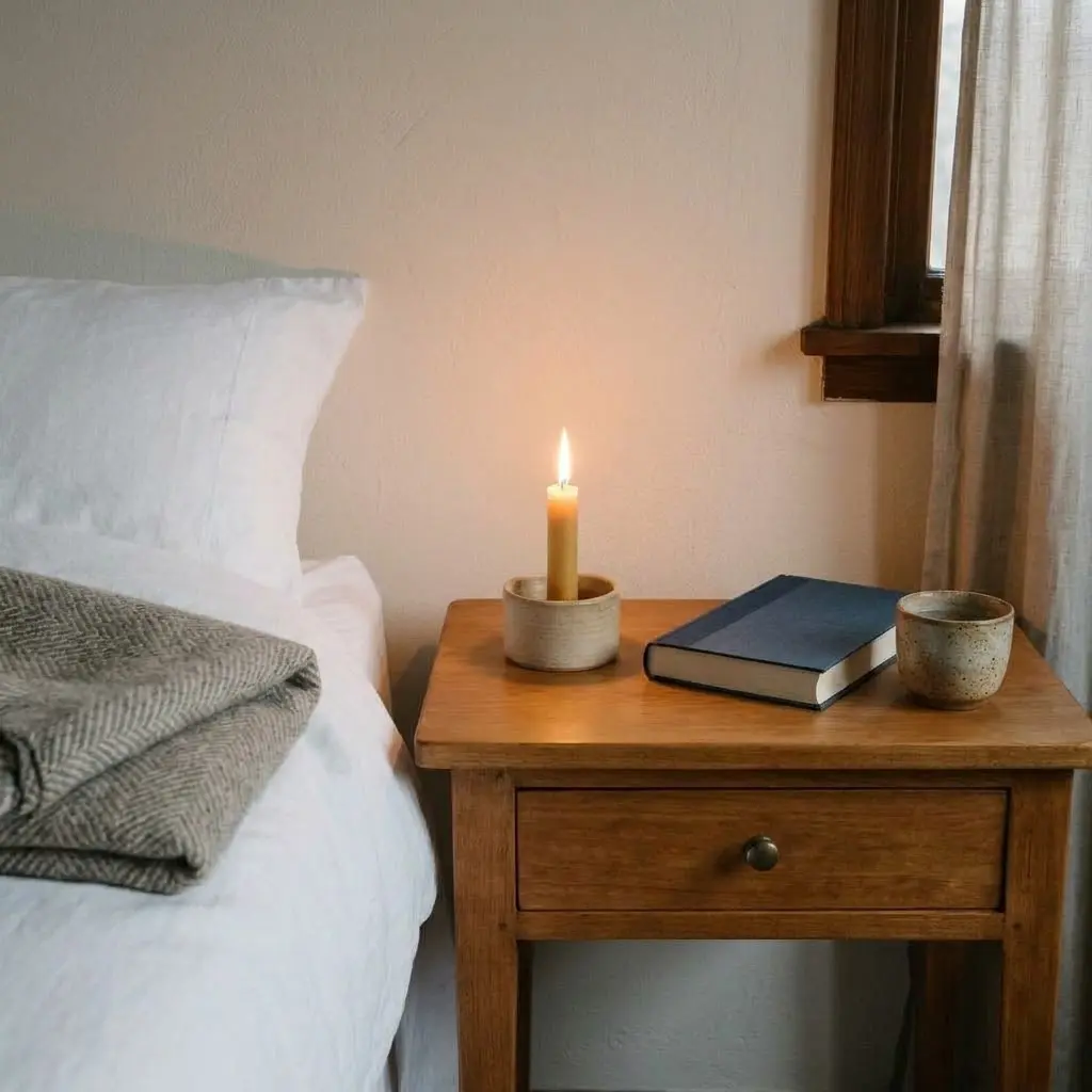 A glowing candle in a ceramic holder on a pine bedside table beside a wool blanket.