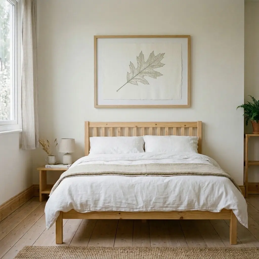 Simple botanical prints in natural wood frames above a Scandinavian bed.