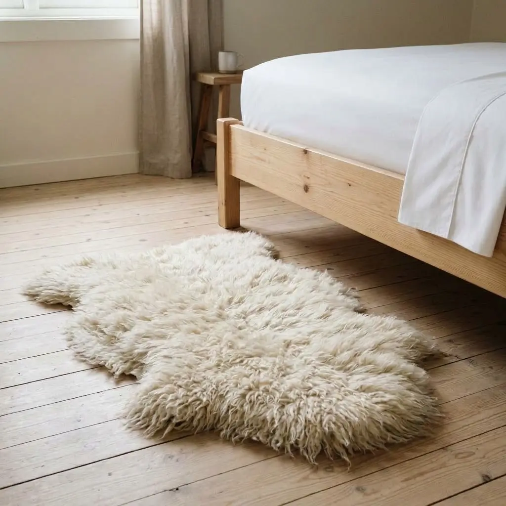 Soft ivory sheepskin rug beside a pale pine bed on a light timber floor.