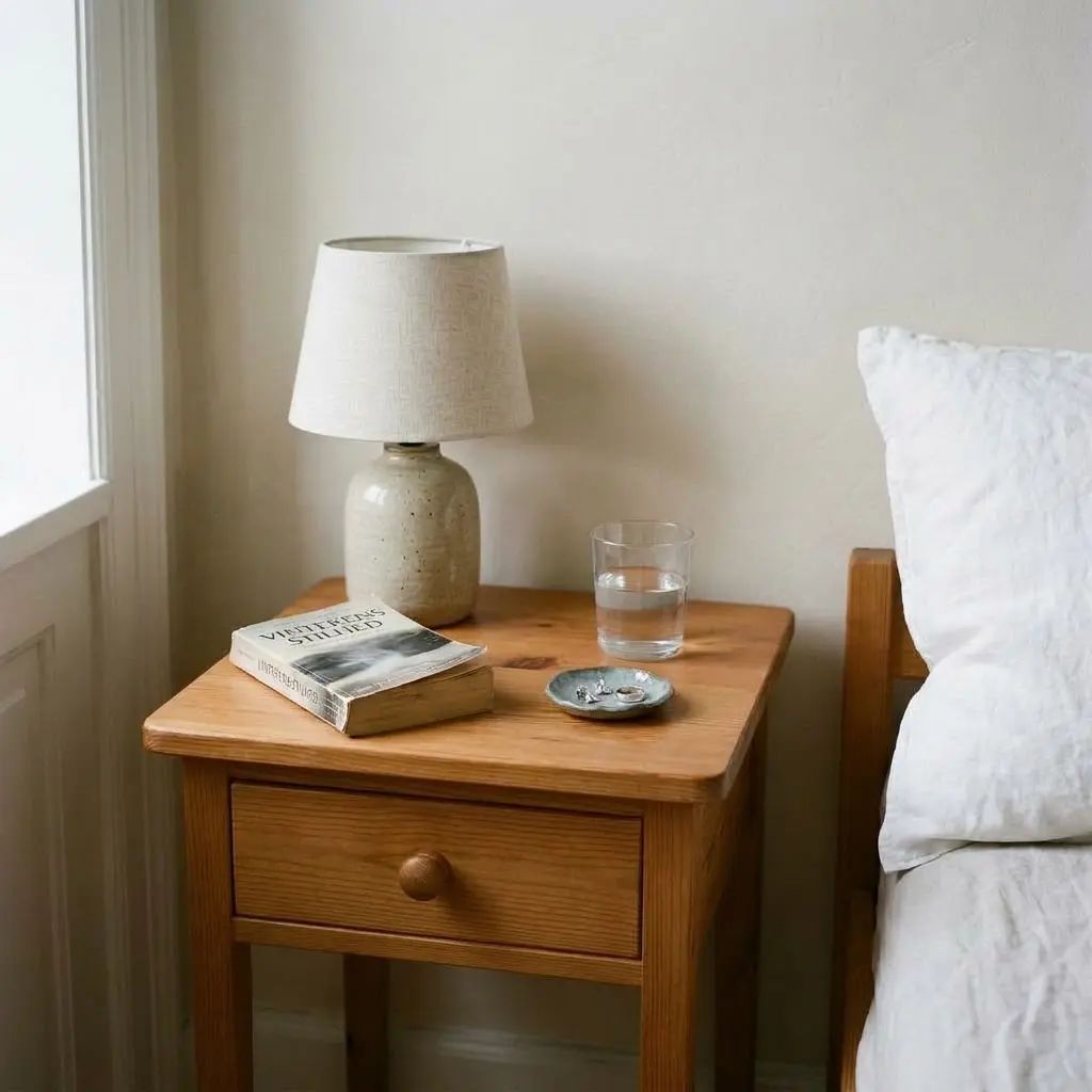 Functional pine bedside table with a ceramic lamp, book, and glass of water.