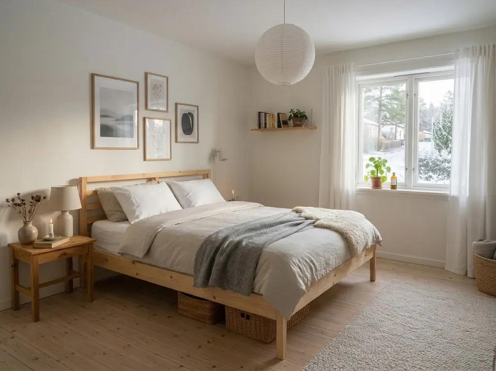 Scandinavian bedroom ideas featuring natural wood furniture, cozy layered bedding, warm lighting, neutral colors, and simple Nordic decor.