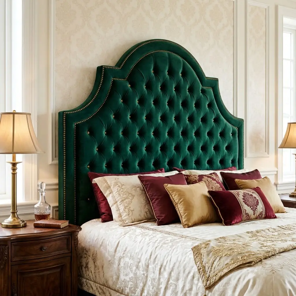 Tall emerald velvet tufted headboard with antique-brass nailhead trim in a traditional bedroom.
