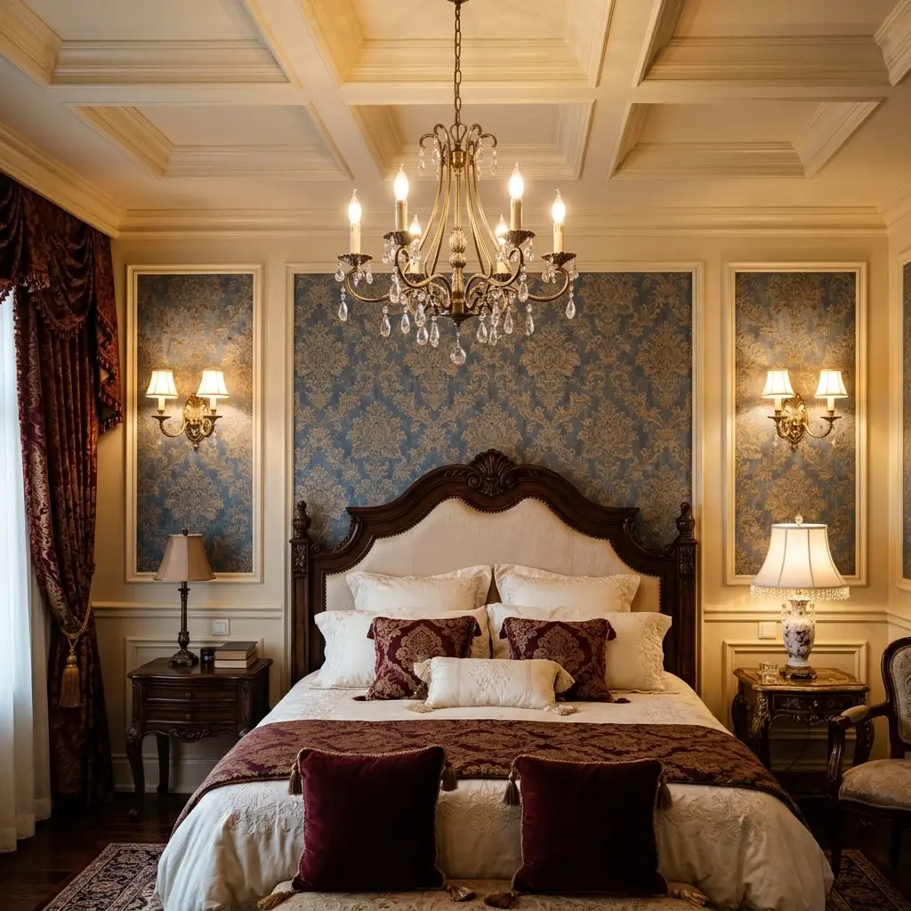 Medium-sized crystal and brass chandelier hanging above a carved traditional bed.