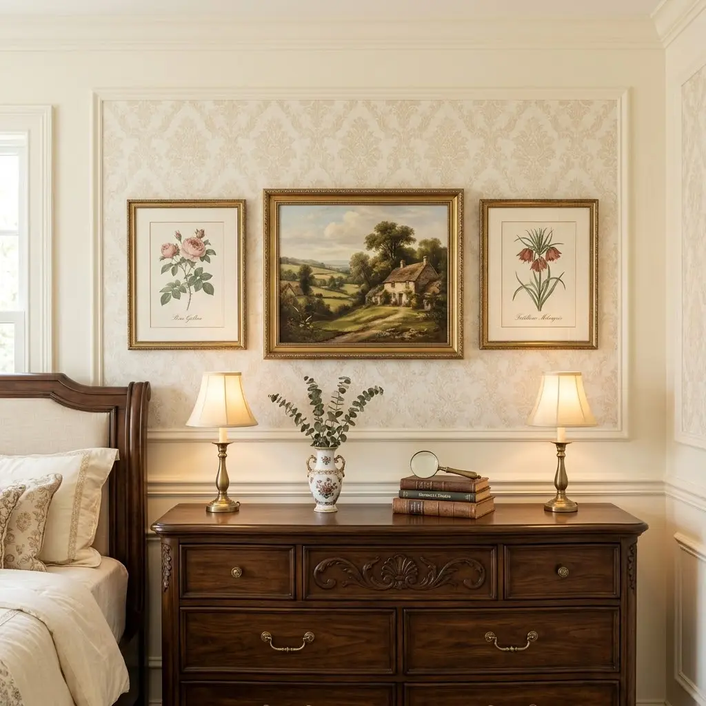 Three landscape and botanical artworks in refined gilt frames above a carved walnut bedroom dresser.