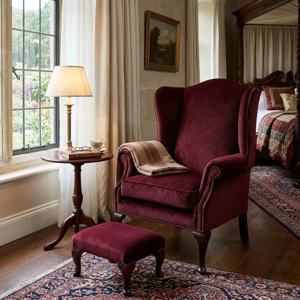 Burgundy velvet wingback armchair and matching ottoman in a traditional bedroom sitting area.