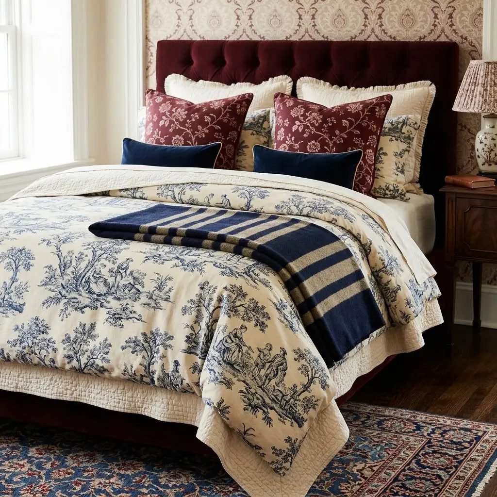 Traditional bedding combining toile, floral, and striped patterns in coordinated burgundy, navy, and cream.