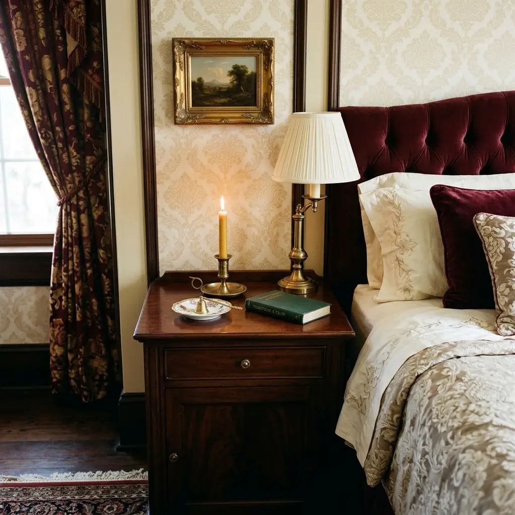 Burning beeswax candle in an antique-brass holder on a traditional bedroom bedside table.