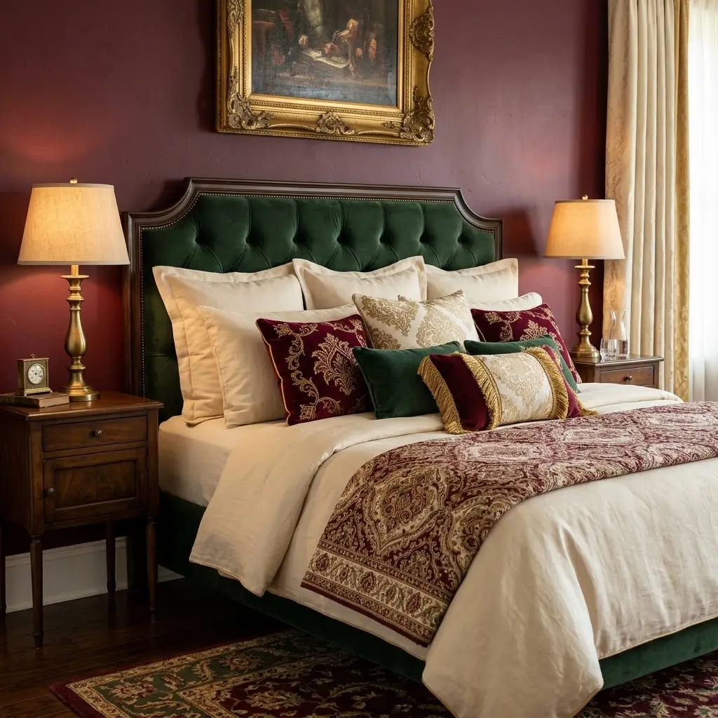 Traditional bedroom color palette featuring burgundy walls, forest-green velvet, warm cream bedding, and antique gold accents.