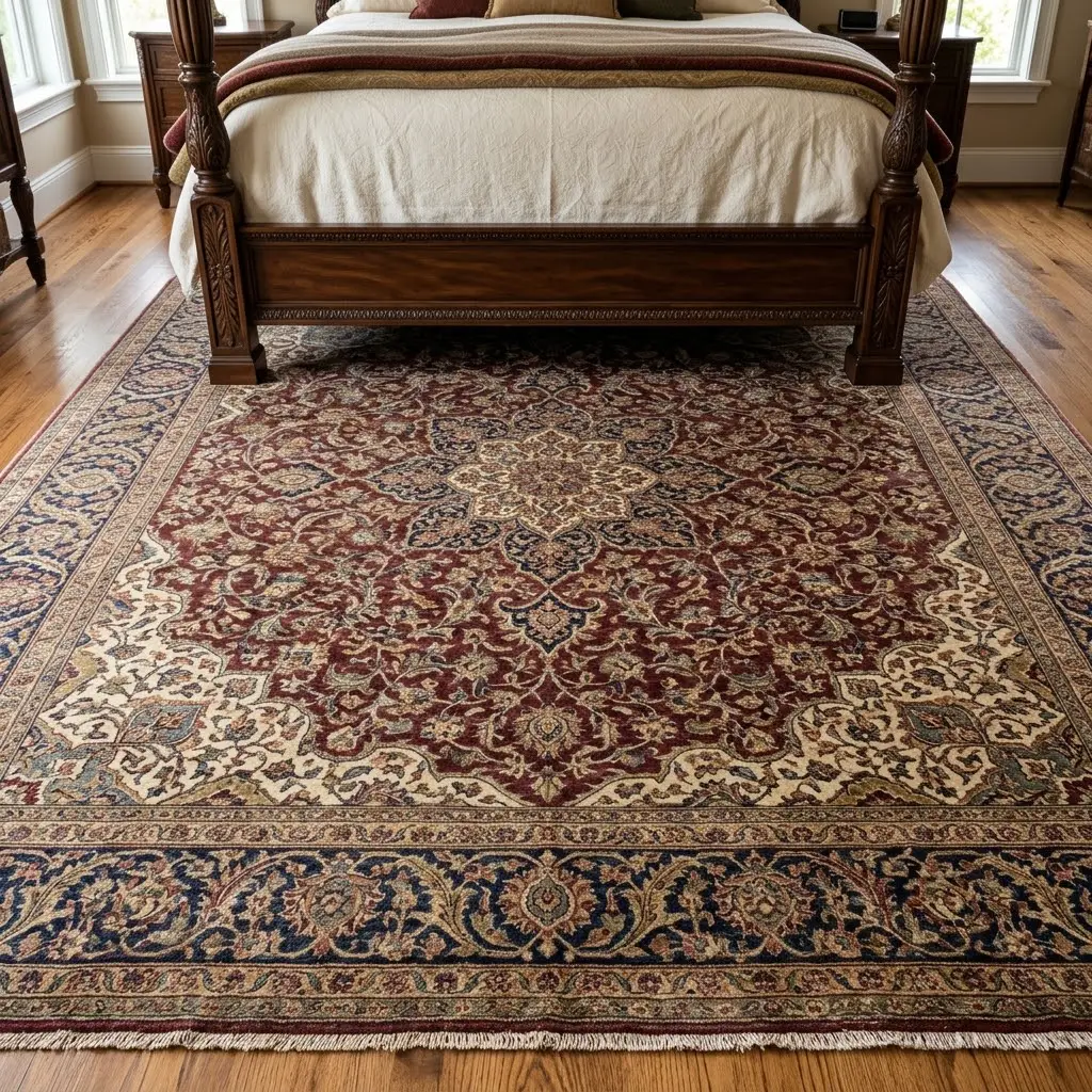 Large Persian-style wool rug with faded burgundy, navy, and gold patterns beneath a traditional bed.