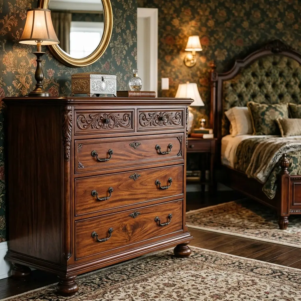 Solid mahogany dresser with carved drawer fronts, brass handles, and traditional vintage accessories.