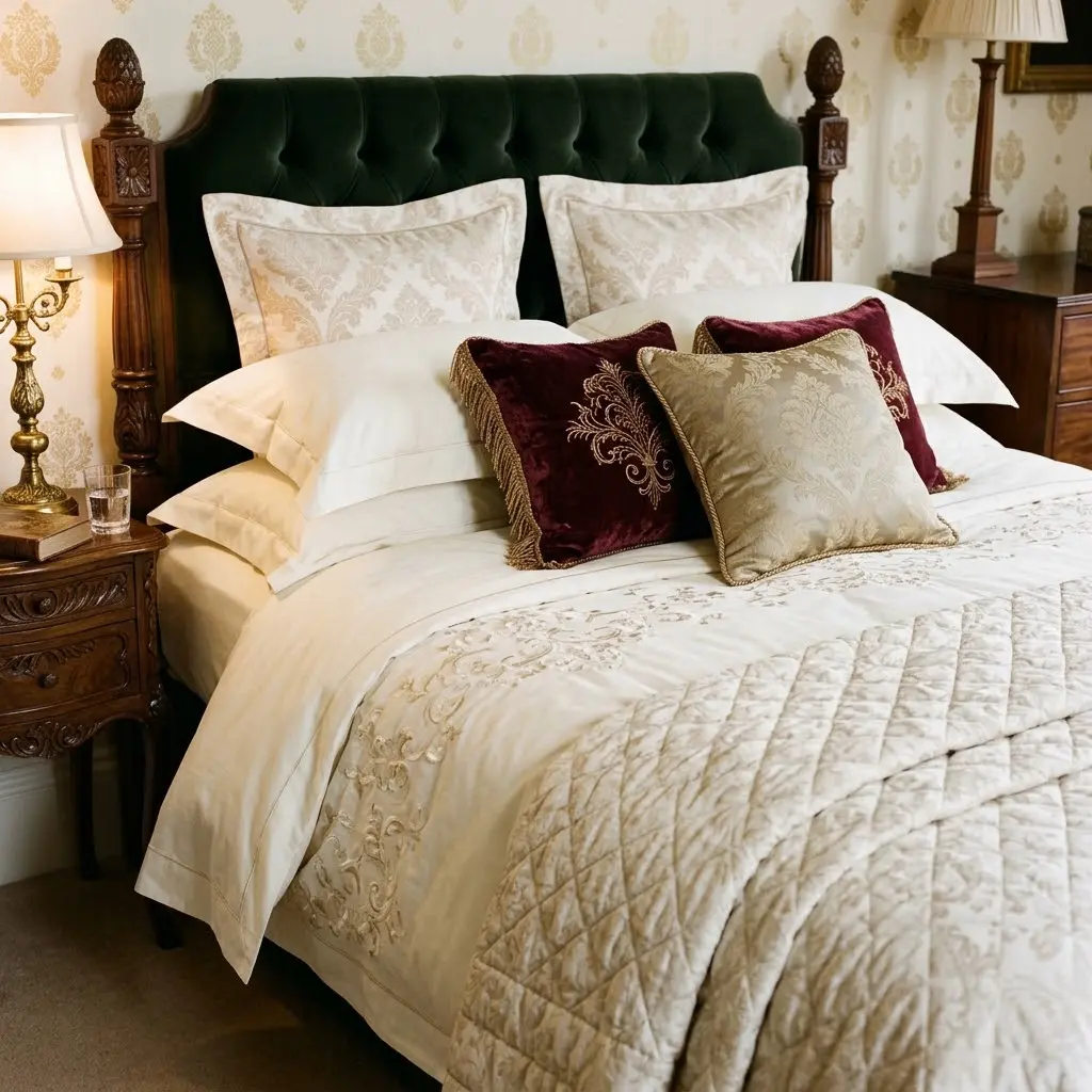 Traditional bed layered with embroidered cream bedding, damask cushions, and a quilted coverlet.