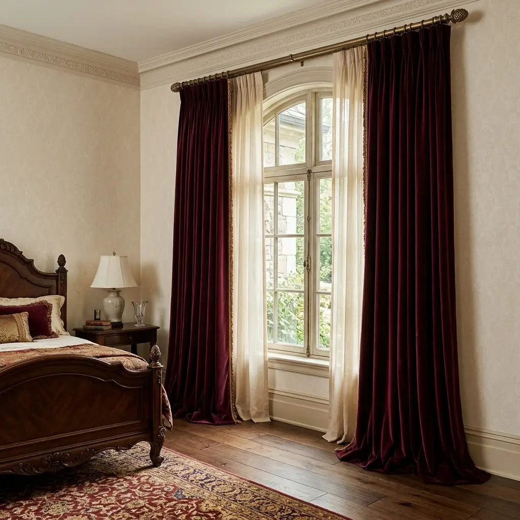 Floor-length burgundy velvet curtains with ivory sheers framing a traditional bedroom window.
