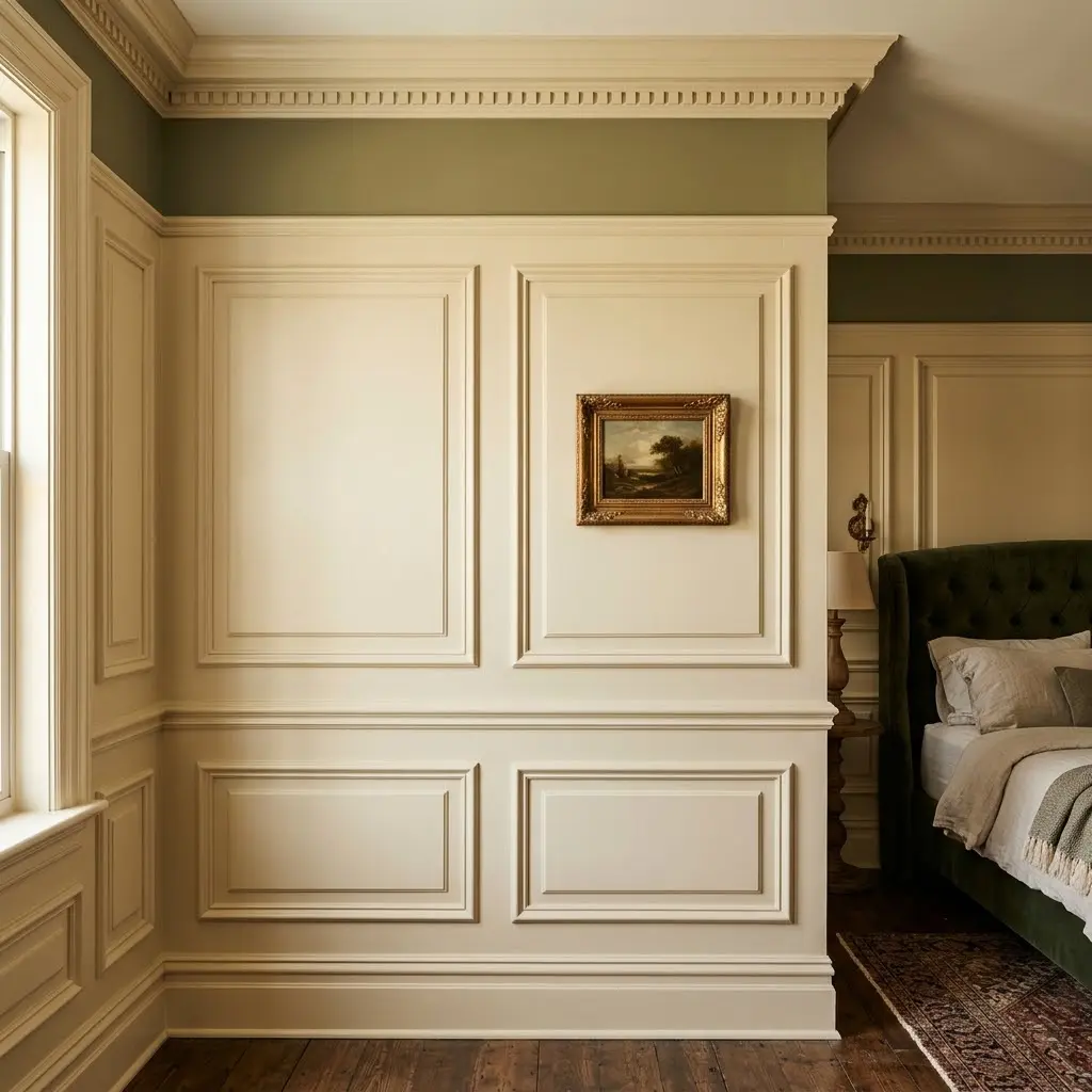 Classic raised-panel wainscoting, decorative wall molding, and crown molding in a traditional bedroom.