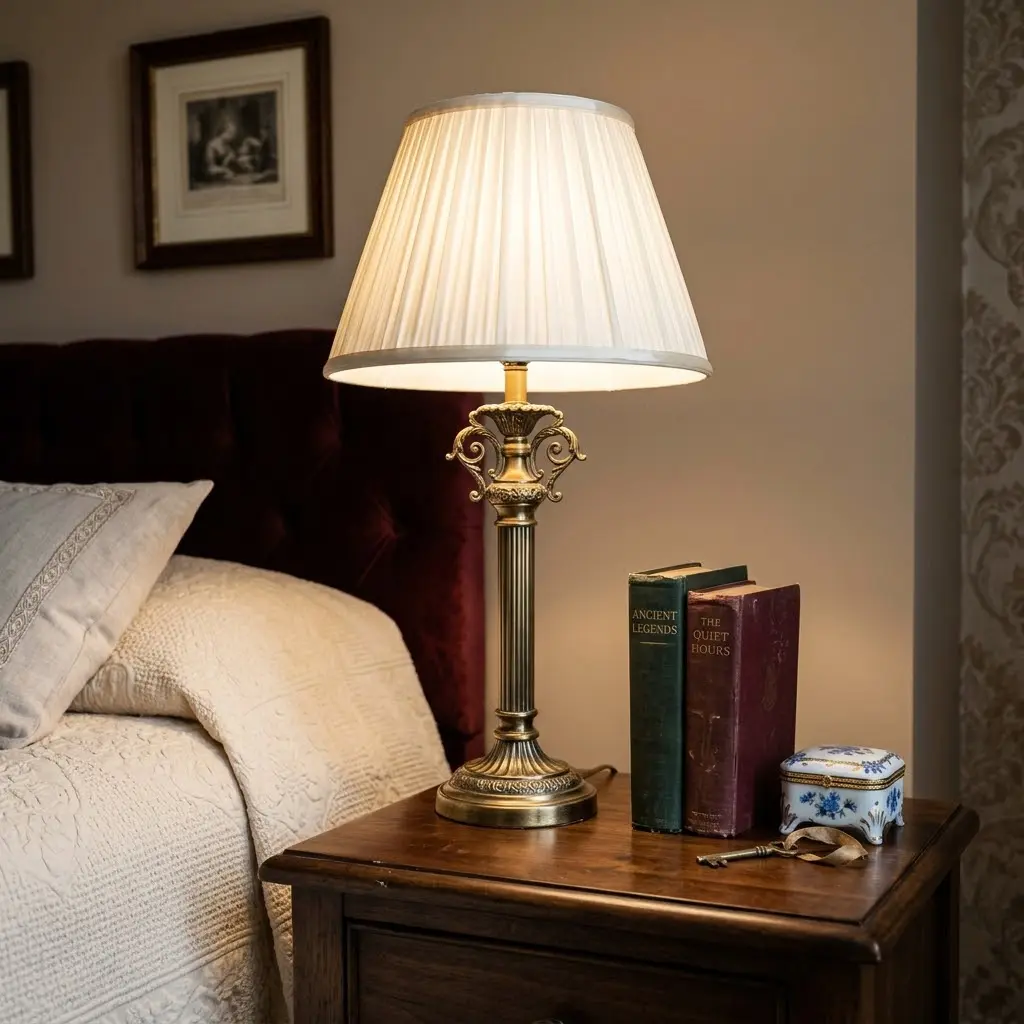 Antique-brass table lamp, vintage books, and porcelain accessories on a dark walnut bedside table.